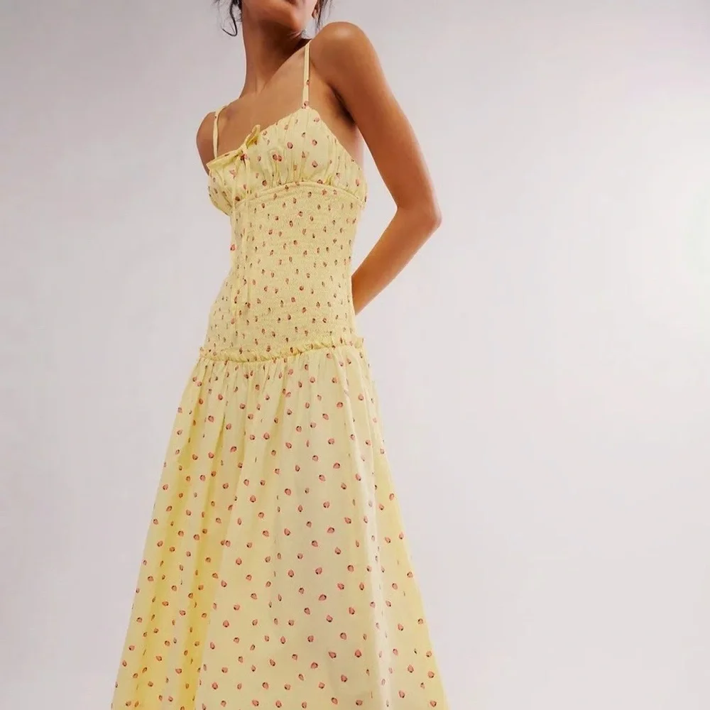 SOLD | Free People Lavender Daze Strawberry Smocked Midi Dress Size Medium NWOT - Picture 1 of 10